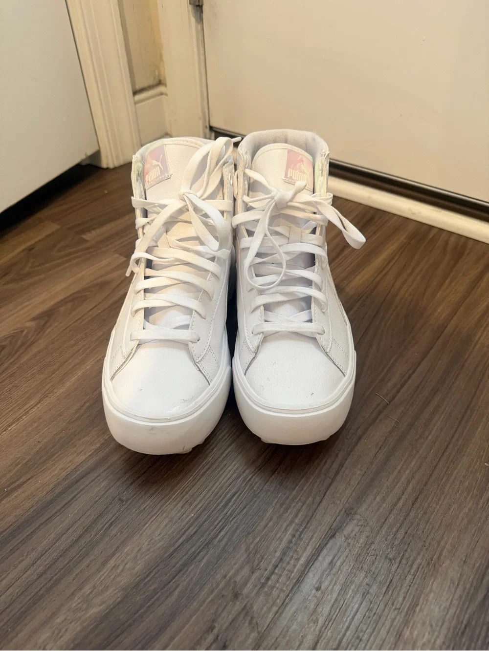 Puma White High-Top Sneakers with Iridescent Aqua Accent